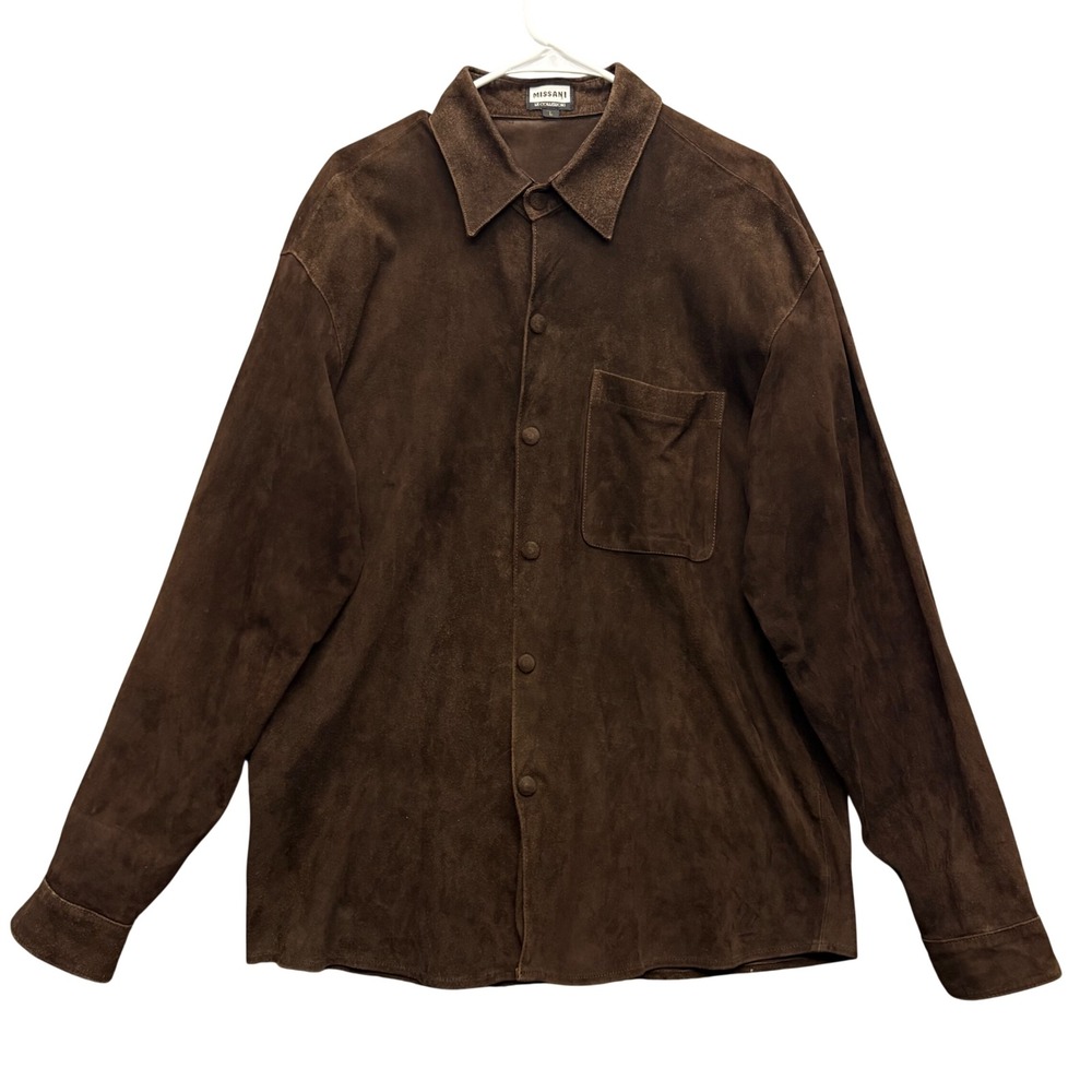 Missani Shirt Jacket Mens L Brown Suede Snap Front Le Collezioni Western Luxury